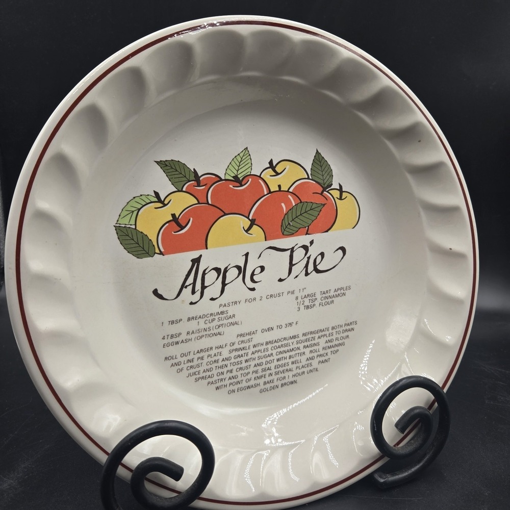 Vintage Ceramic Apple Pie Recipe Pie Dish Plate 10.5 Inch Scalloped Cottagecore
